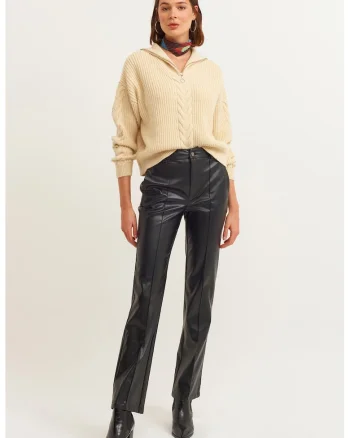 Pantaloni drepti de piele ecologica cu cusaturi frontale, Negru