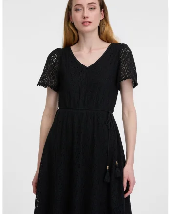Rochie cu decolteu in V si model pointelle, Negru