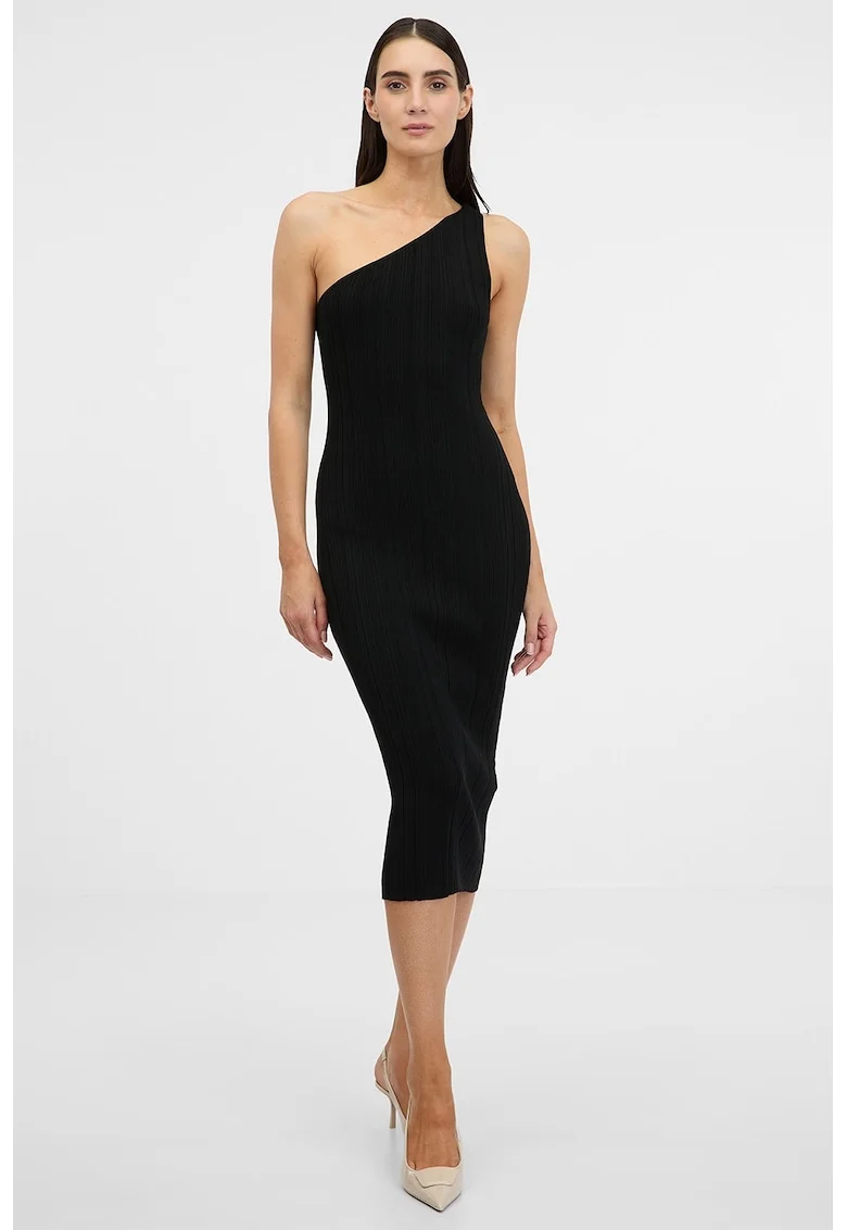 Rochie midi texturata cu decolteu pe un umar, Negru