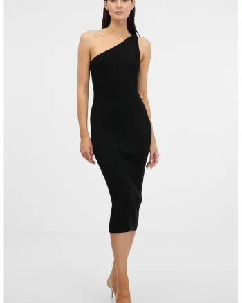 Rochie midi texturata cu decolteu pe un umar, Negru