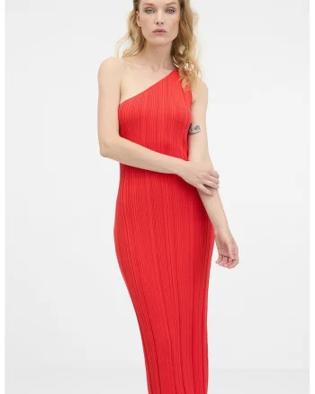 Rochie midi texturata cu decolteu pe un umar, Rosu vermillion