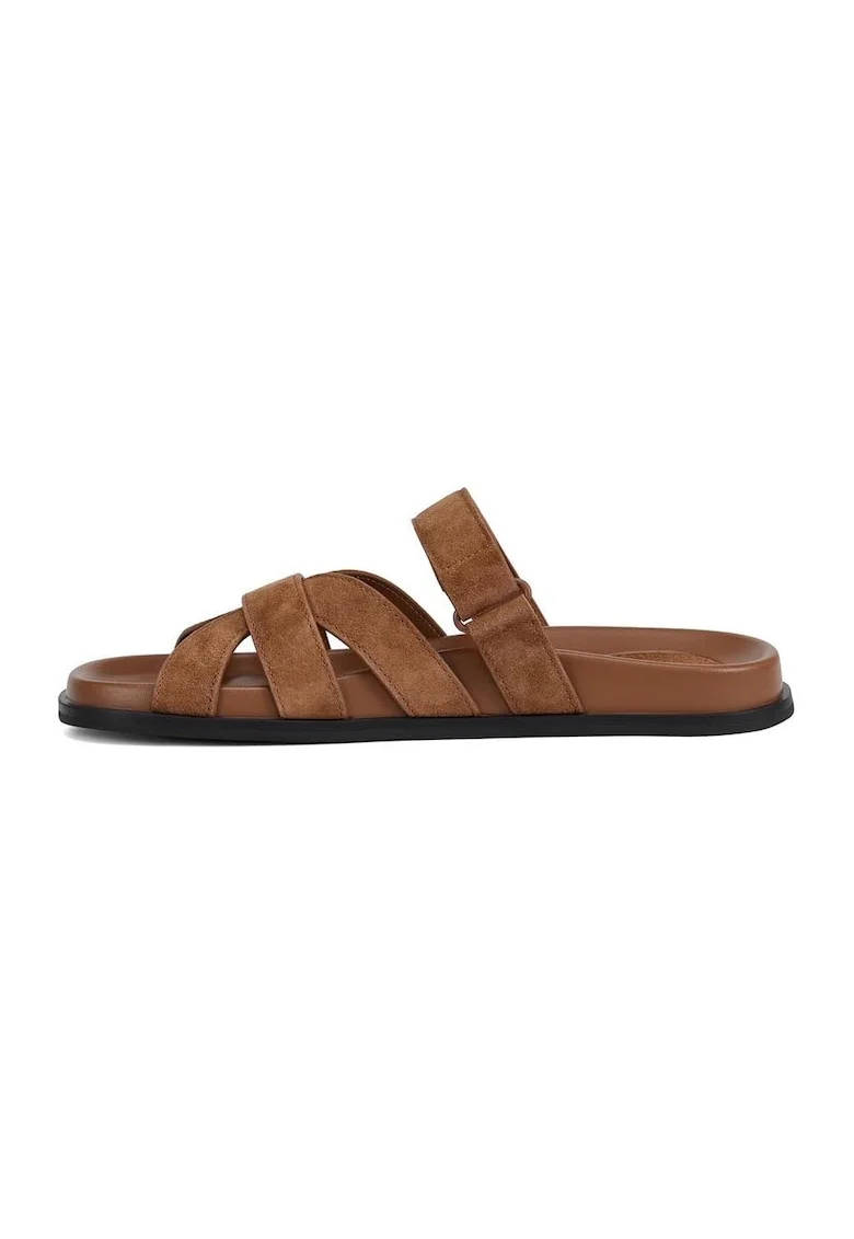Papuci din piele cu velcro, Maro
