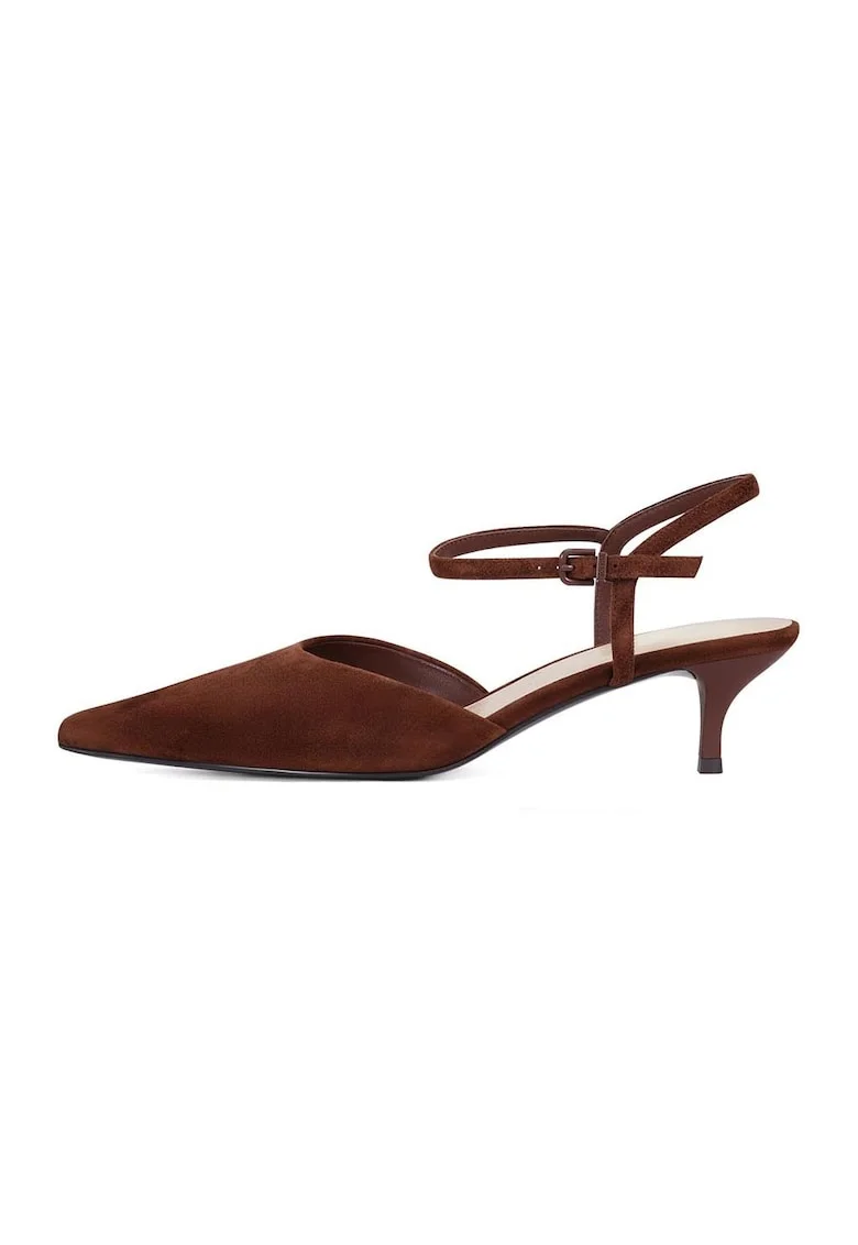 Pantofi din piele intoarsa cu toc kitten, Maro