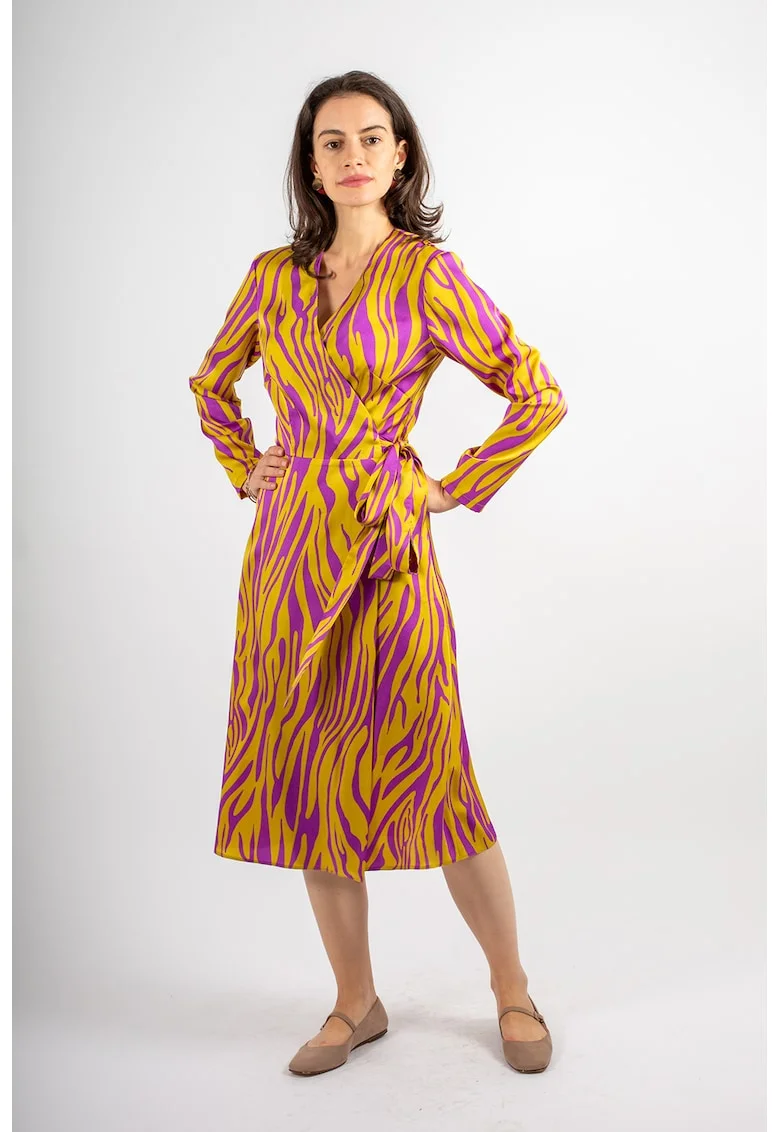 Rochie evazata cu decolteu in V Samantha, Violet/Galben mustar