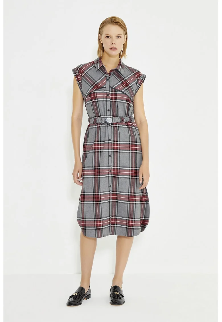 Rochie-camasa cu buzunare laterale si model in carouri, Gri/Rosu inchis