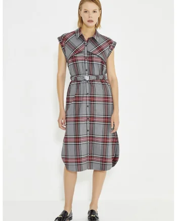 Rochie-camasa cu buzunare laterale si model in carouri, Gri/Rosu inchis