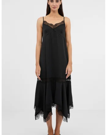 Rochie midi asimetrica cu garnitura dedantela, Negru