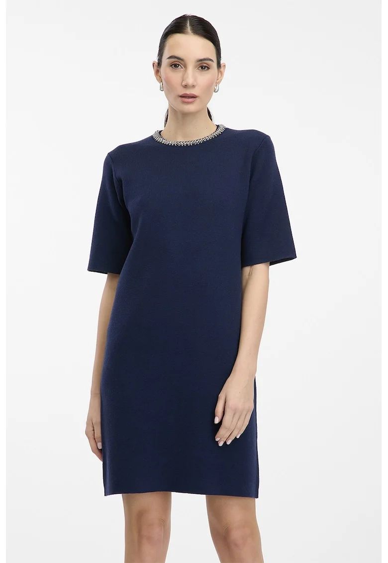 Rochie scurta cu decolteu cu strasuri, Bleumarin