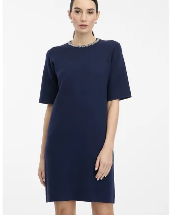 Rochie scurta cu decolteu cu strasuri, Bleumarin