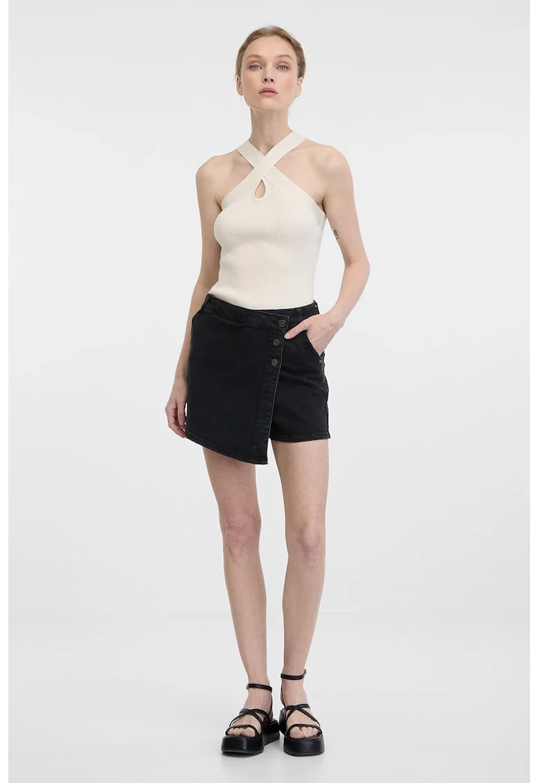 Fusta-pantalon de denim cu talie inalta, Negru