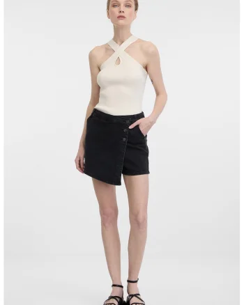 Fusta-pantalon de denim cu talie inalta, Negru