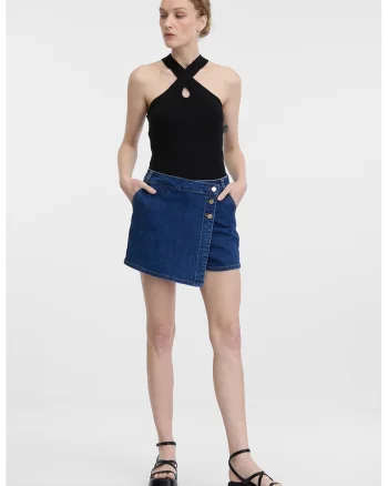 Fusta-pantalon de denim cu talie inalta, Bleumarin
