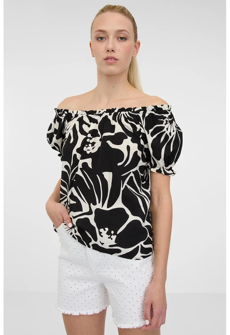 Bluza cu model floral si maneci bufante, Negru/Alb murdar