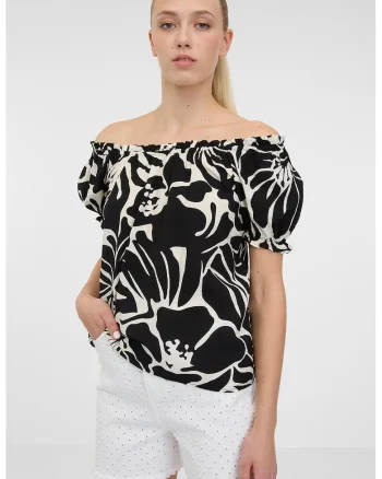 Bluza cu model floral si maneci bufante, Negru/Alb murdar
