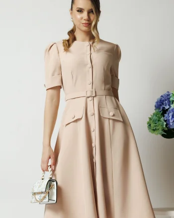 Rochie DY Fashion bej de zi cu nasturi si curea in talie