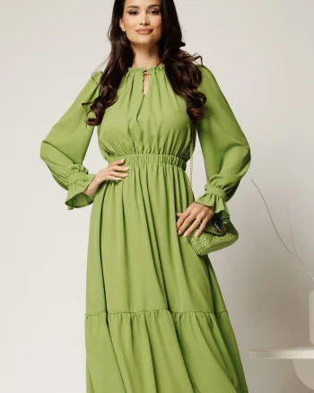 Rochie DY Fashion midi verde fistic din voal cu volan