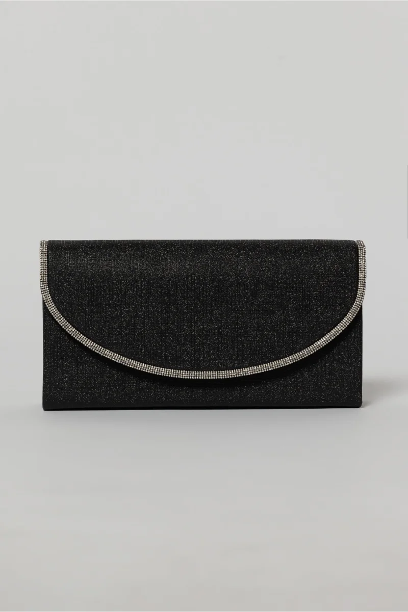 Clutch negru elegant cu clapeta curbata decorata cu strasuri