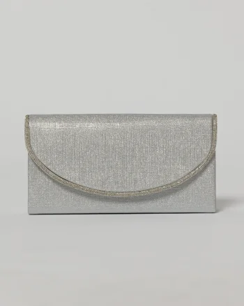 Clutch argintiu elegant cu clapeta curbata decorata cu strasuri