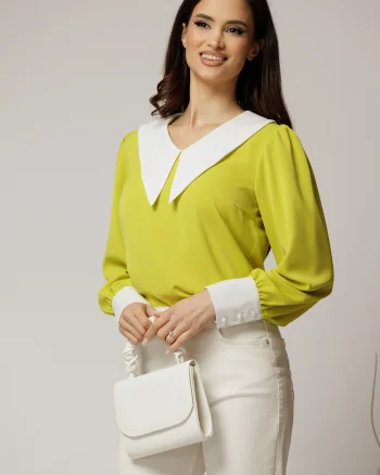 Bluza DY Fashion galben neon cu gulerul ascutitdin voal fluid