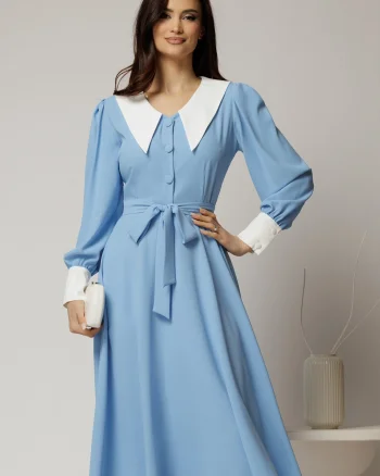 Rochie DY Fashion midi bleu cu guler si mansete in contrast