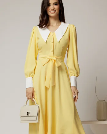 Rochie DY Fashion midi galbena cu guler si mansete in contrast