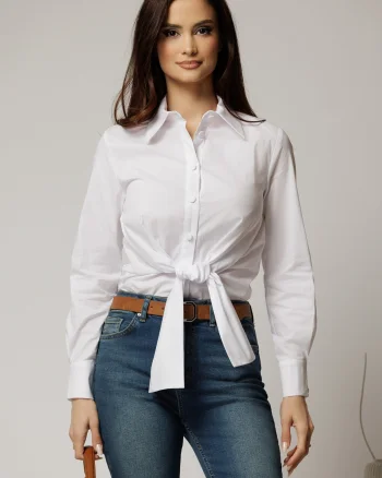 Camasa alba din poplin cu croi cambrat si nod in talie