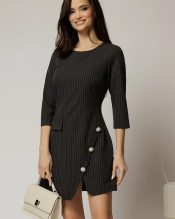 Rochie DY Fashion scurta neagra cu dungi si nasturi pe fusta