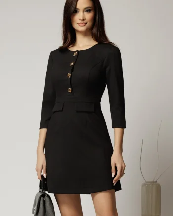 Rochie DY Fashion scurta neagra cu nasturi pe bust si fusta tip A