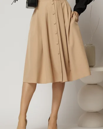 Fusta DY Fashion bej cu nasturi si pliuri din talie