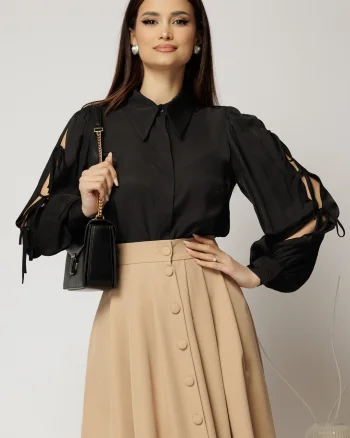 Camasa DY Fashion neagra cu funde pe maneci cu adaos de rayon