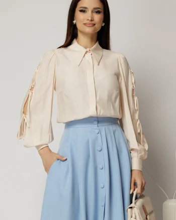 Camasa DY Fashion bej cu funde pe maneci cu adaos de rayon