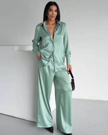 Set pijama dama din doua piese, cu nasturi – 2500402, Verde menta