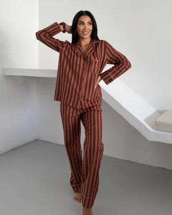 Set pijama dama din doua piese, cu nasturi – 2500292, Maro