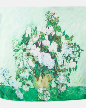 Esarfa patrata cu o singura fata imprimata cu reproducerea dupa    Vaza cu trandafiri albi   de Van Gogh