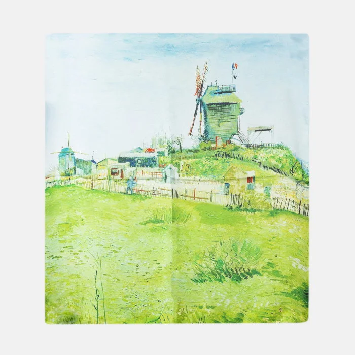 Esarfa patrata cu o singura fata imprimata cu o reproducere dupa    Le Moulin de la Galette   de Van Gogh