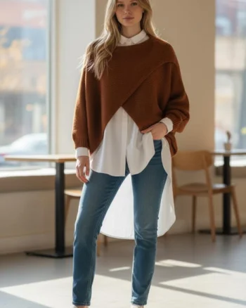 Pulover tip poncho petrecut asimetric, cu lana, caramiziu