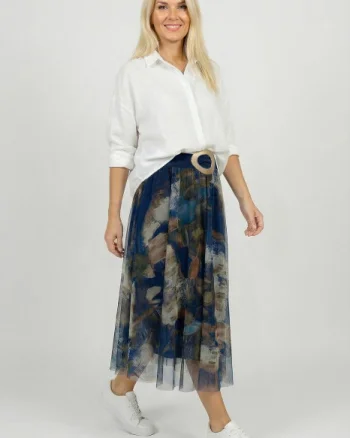 Fusta clos din tulle cu imprimeu pictural multicolor pe fond bleumarin