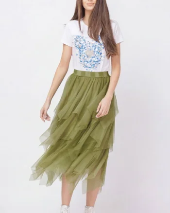 Fusta din tulle, in straturi inegale, lunga, verde oliv