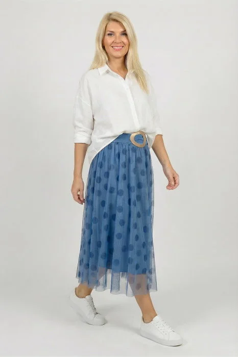 Fusta clos din tulle, bleu cu buline albastru inchis