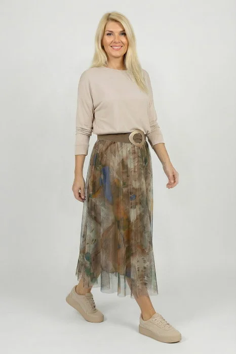 Fusta clos din tulle cu imprimeu pictural pastelat pe fond camel
