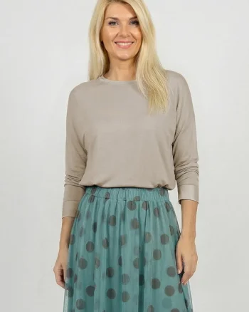Bluza dama cu maneca fluture si satin la maneci si decolteu, bej inchis