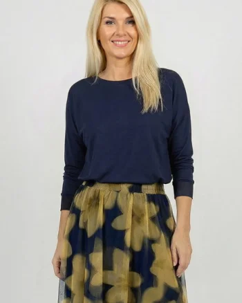 Bluza dama cu maneca fluture si satin la maneci si decolteu, bleumarin