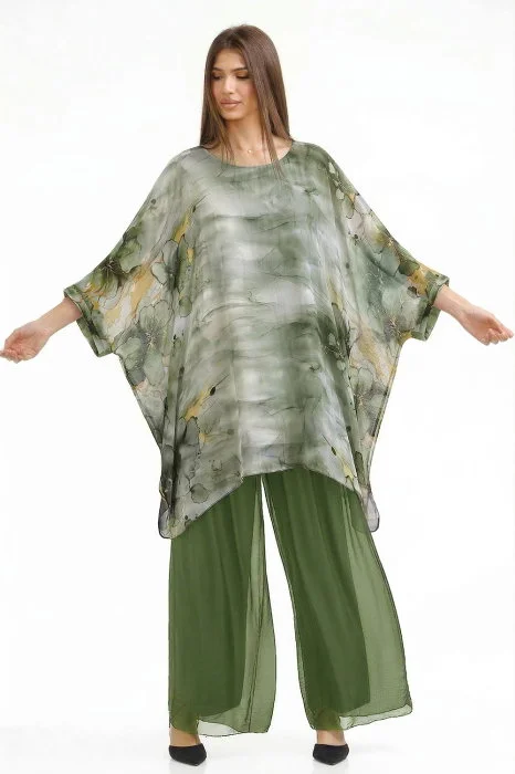 Pantaloni lungi verzi, drepti, cu dublura, din matase si vascoza