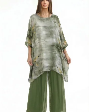 Bluza tunica din matase si vascoza in colturi cu imprimeu pictural in nuante de verde oliv, kaki si galben