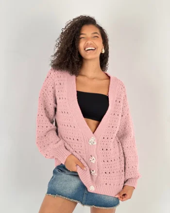 Cardigan cu decolteu in V, din tricotaj roz cu nasturi decorativi aurii
