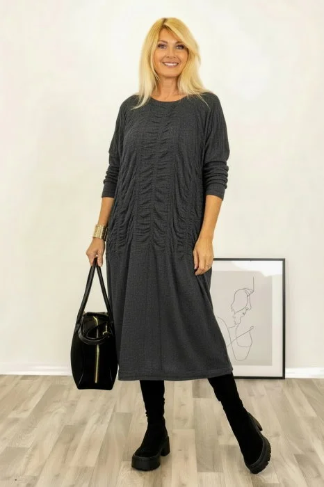 Rochie midi gri cu fronseuri si croi lejer fluid din tricotaj  fin