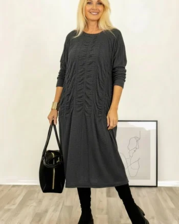 Rochie midi gri cu fronseuri si croi lejer fluid din tricotaj  fin
