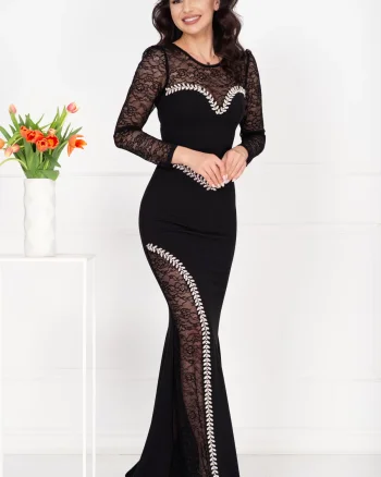 Rochie de seara neagra tip sirena Celesta cu maneci din dantela