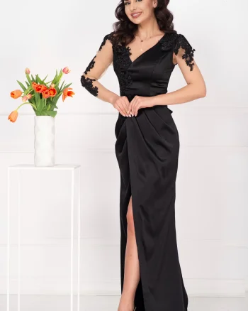 Rochie de seara neagra din tafta subtire Tania cu broderie aplicata
