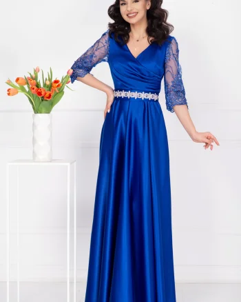 Rochie de seara lunga Giorgia albastru royal din tafta cu maneci brodate